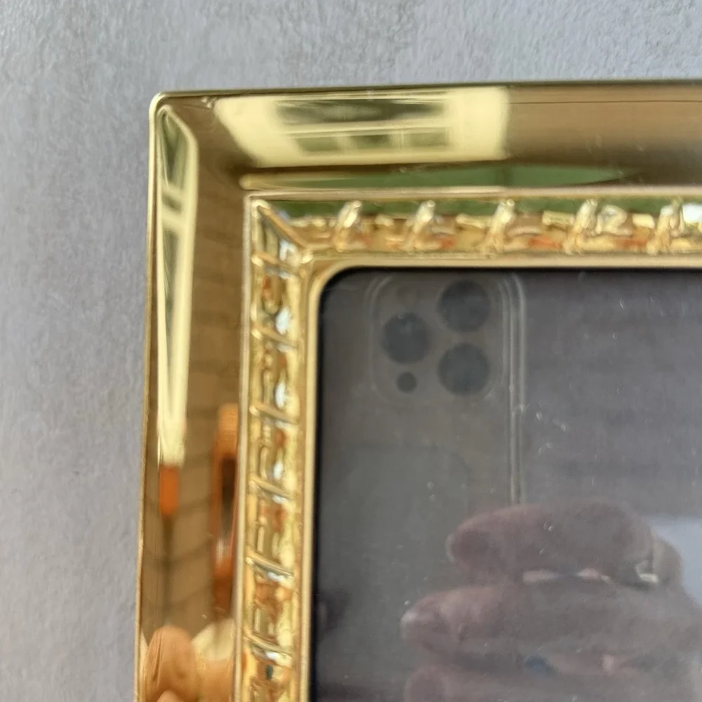 Vtg Solid Brass Picture Frame Geometric Border Easel Back 8x10 Photo #6627